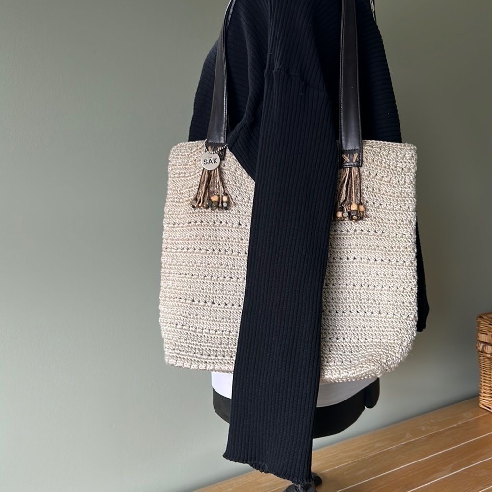 The Sak shoulder tote boho fringe wooden beads zip closure charm cleaned roomy